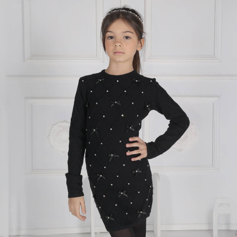 Fun & Fun-فستان محبوك أسود للبنات مع فيونكة ماسية | Childrensalon Outlet