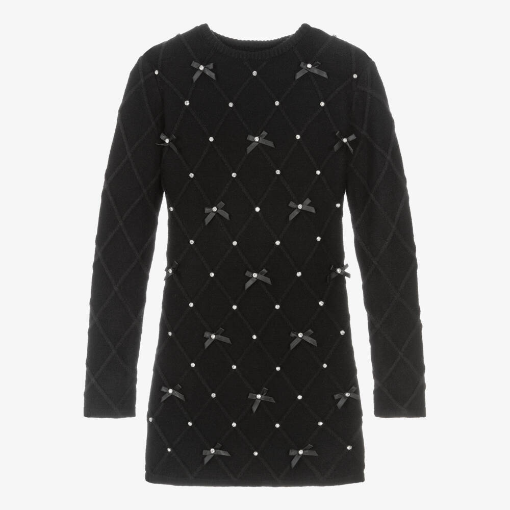 Fun & Fun-فستان محبوك أسود للبنات مع فيونكة ماسية | Childrensalon Outlet