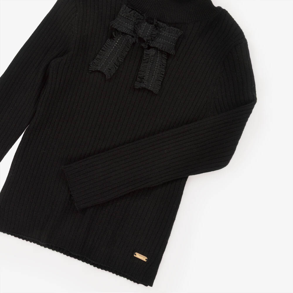 Patachou-Girls Black Knitted Roll Neck Top with Bow | Childrensalon Outlet