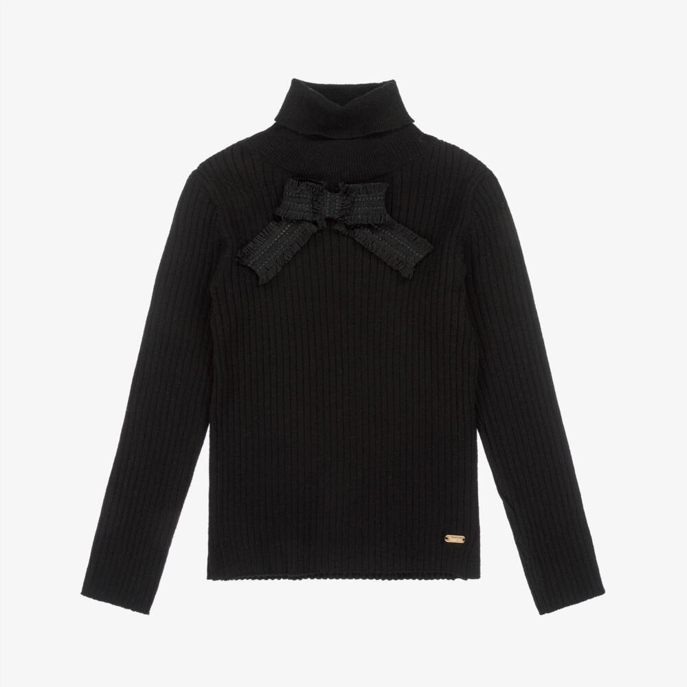 Patachou-Girls Black Knitted Roll Neck Top with Bow | Childrensalon Outlet