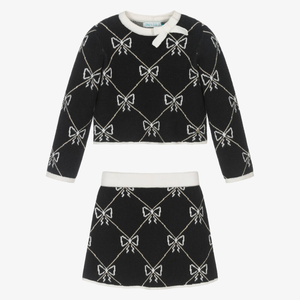 Abel & Lula-Girls Black Knitted Skirt Set with Bow Pattern | Childrensalon Outlet