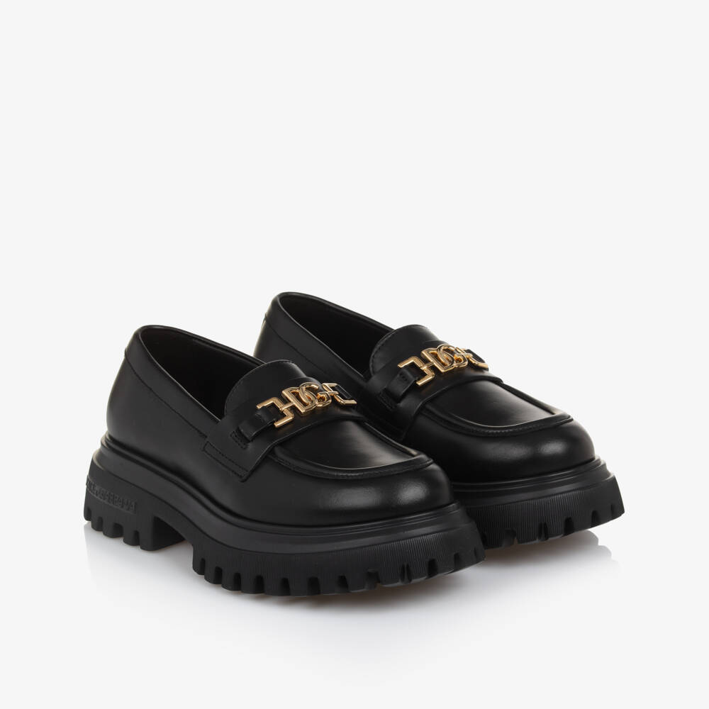 Dolce & Gabbana-Girls Black Leather DG Loafers | Childrensalon Outlet
