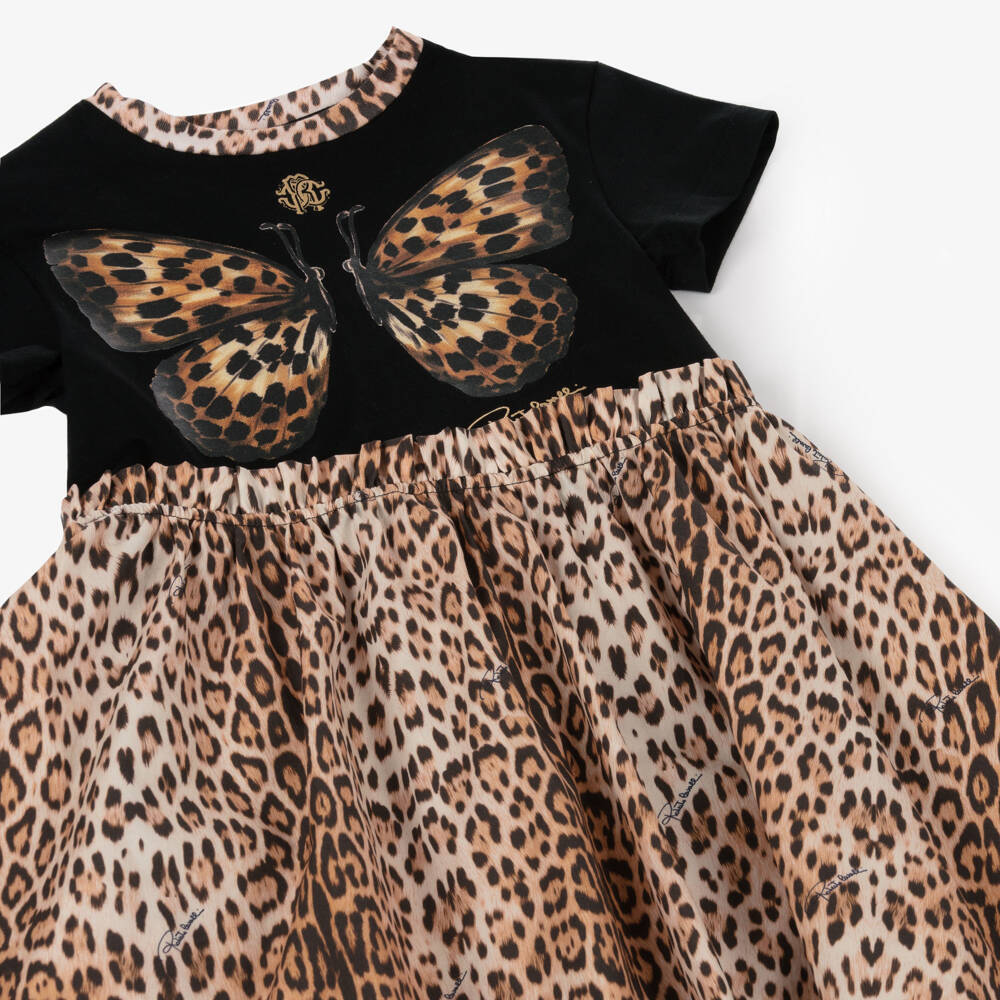 Roberto Cavalli-Girls Black & Leopard Print Cotton Butterfly Dress | Childrensalon Outlet
