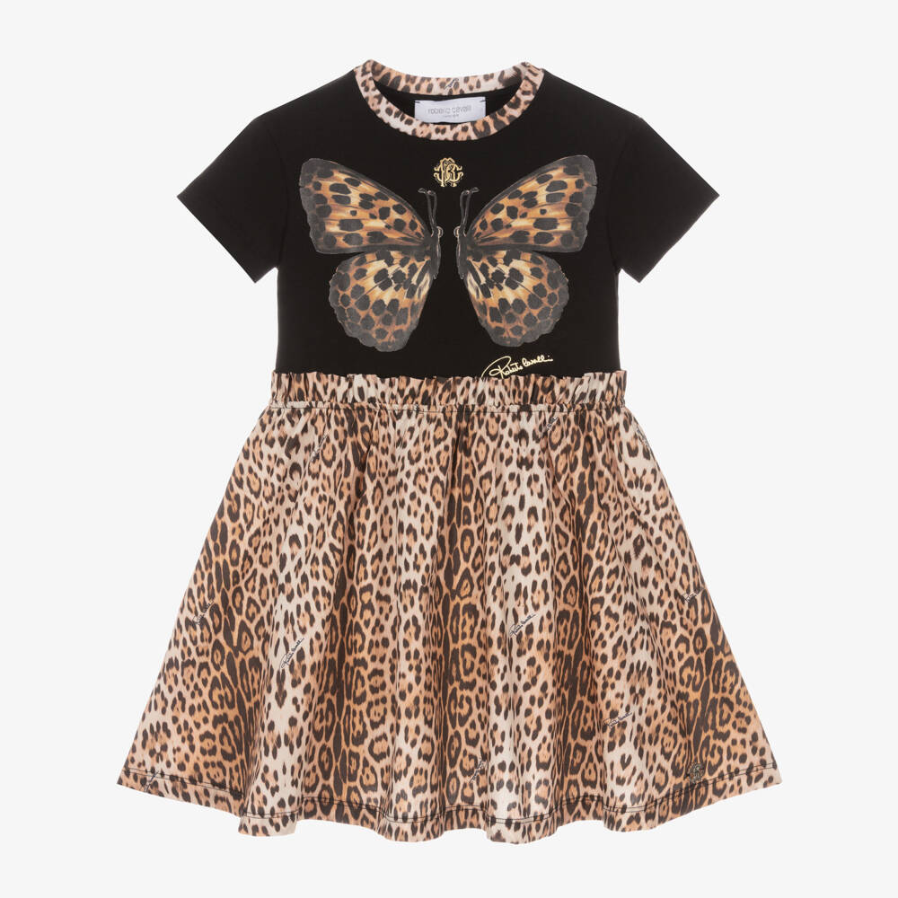 Roberto Cavalli-Girls Black & Leopard Print Cotton Butterfly Dress | Childrensalon Outlet