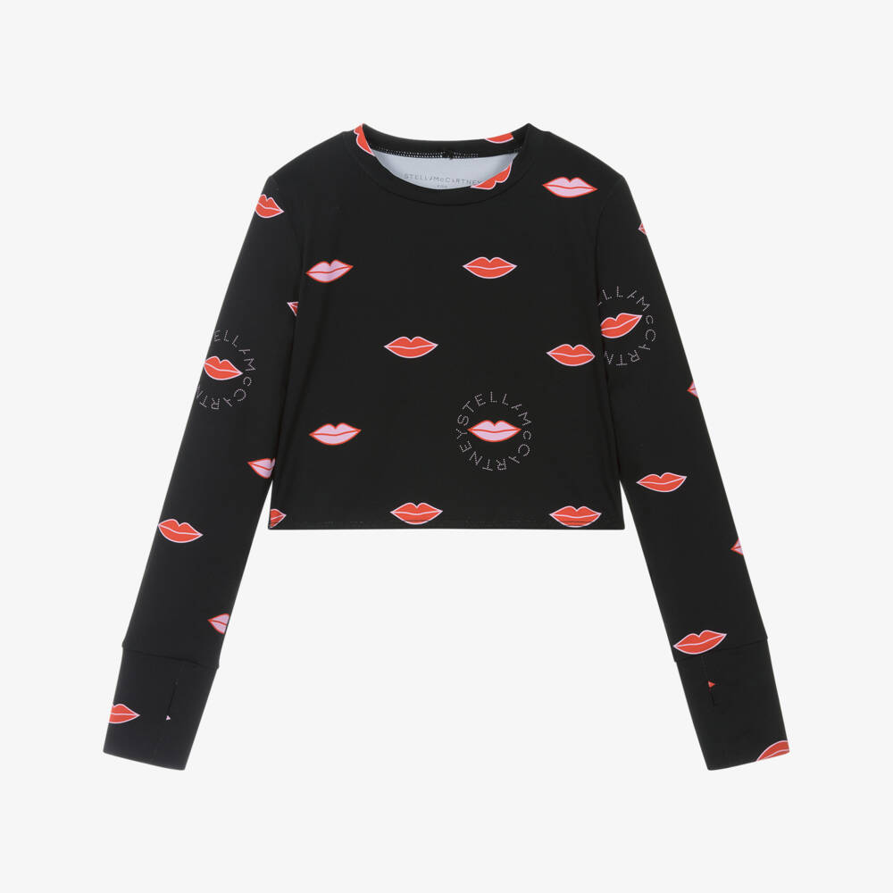 Stella McCartney Kids-Girls Black Long Sleeve Sports Top with Lip Motif | Childrensalon Outlet