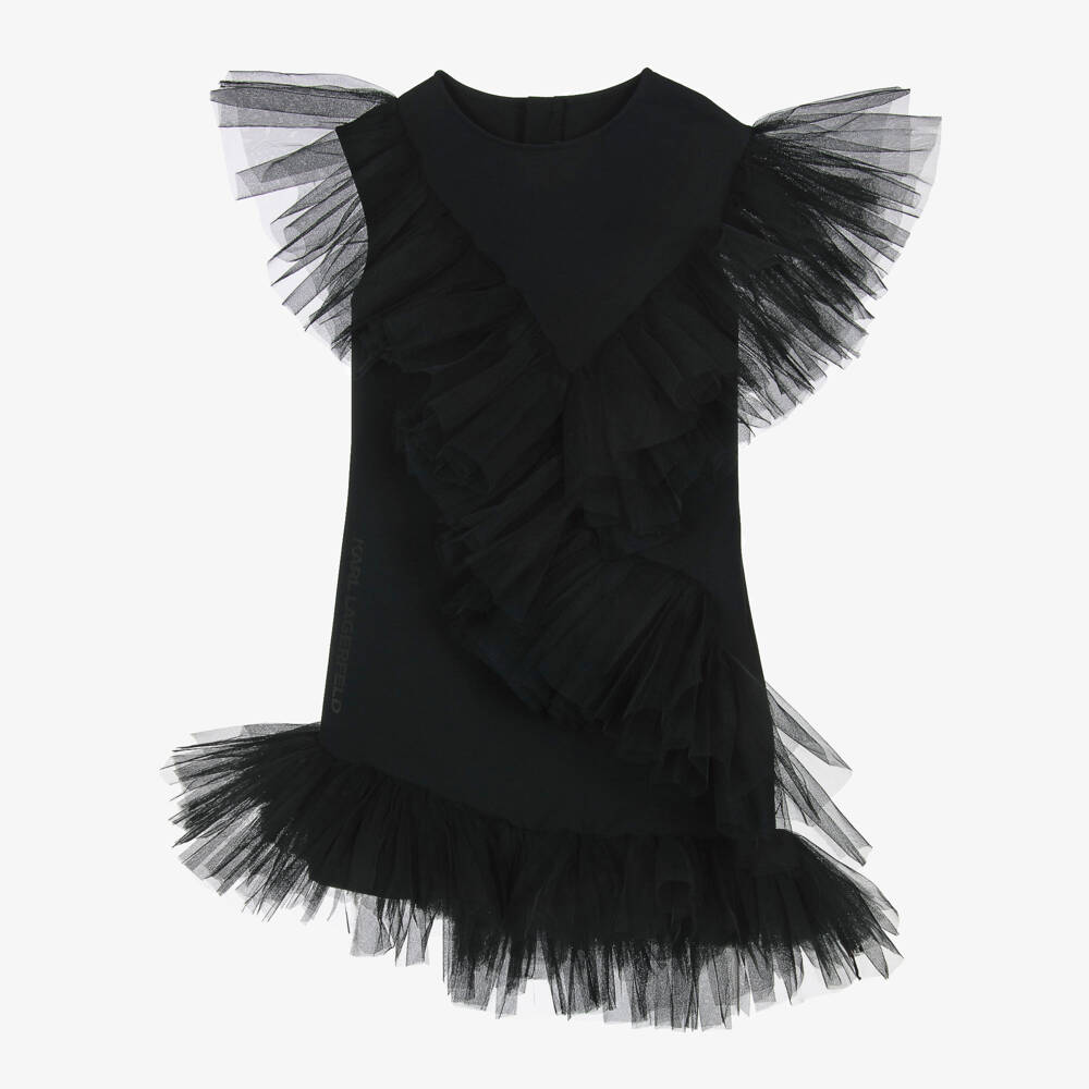 KARL LAGERFELD KIDS-Girls Black Milano Jersey & Tulle Ruffle Dress | Childrensalon Outlet