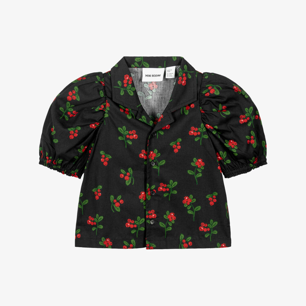 Mini Rodini-Girls Black Organic Cotton Blouse with Lingonberries Print | Childrensalon Outlet