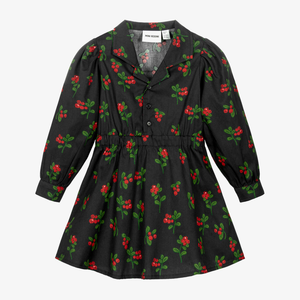 Mini Rodini-Girls Black Organic Cotton Dress with Lingonberries Print | Childrensalon Outlet