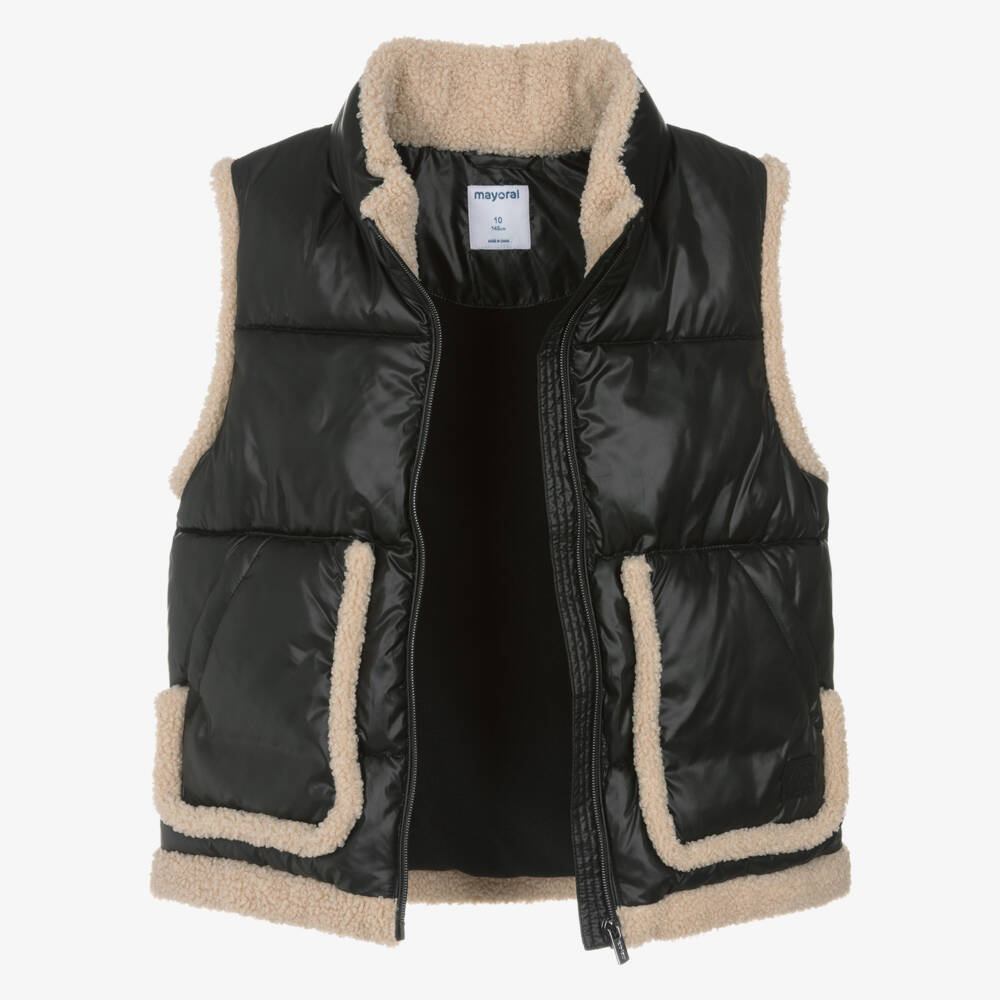 Mayoral-Girls Black Padded Gilet with Sherpa Fleece Trim | Childrensalon Outlet