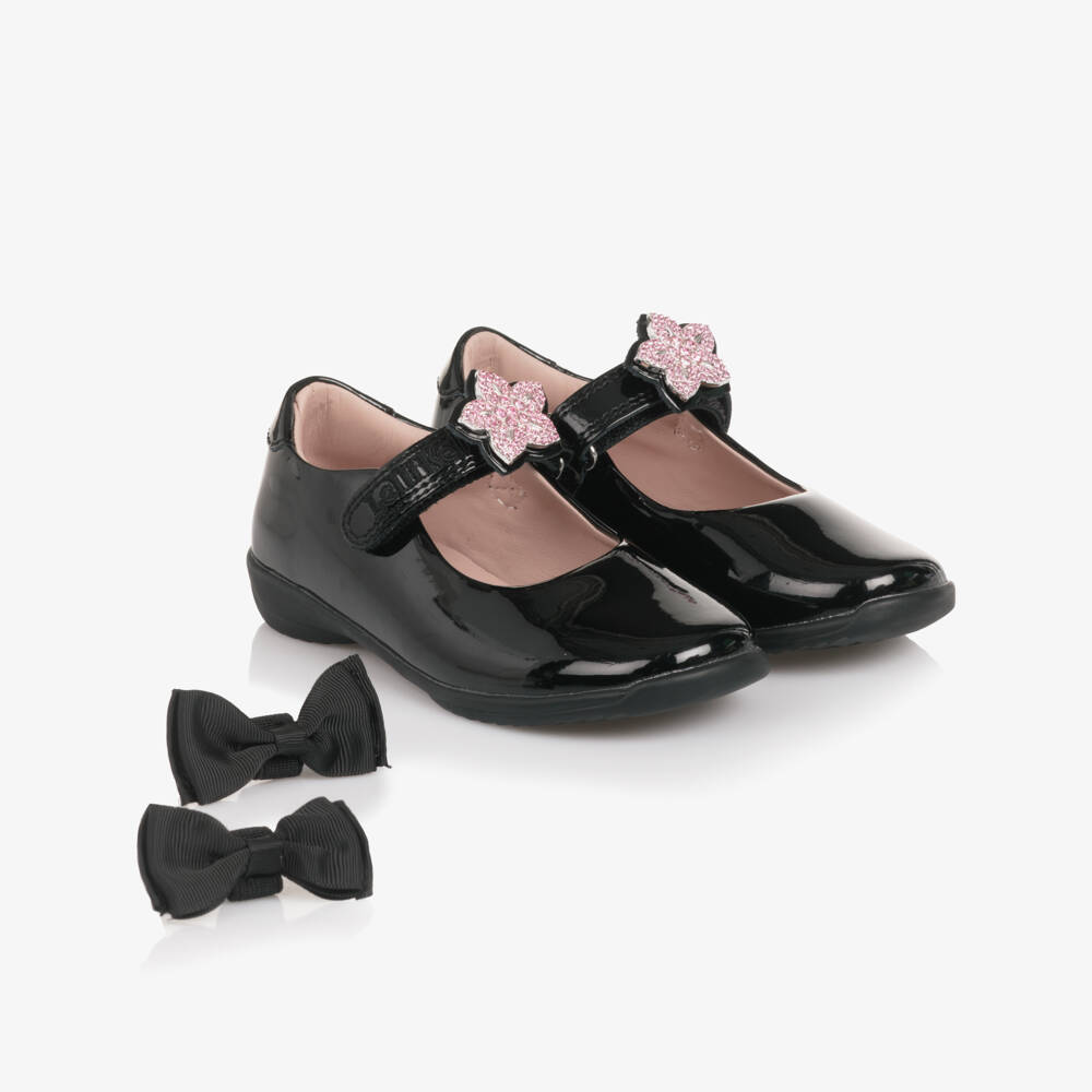 Lelli Kelly-Girls Black Patent Leather Shoes with Pink Diamante Flowers | Childrensalon Outlet