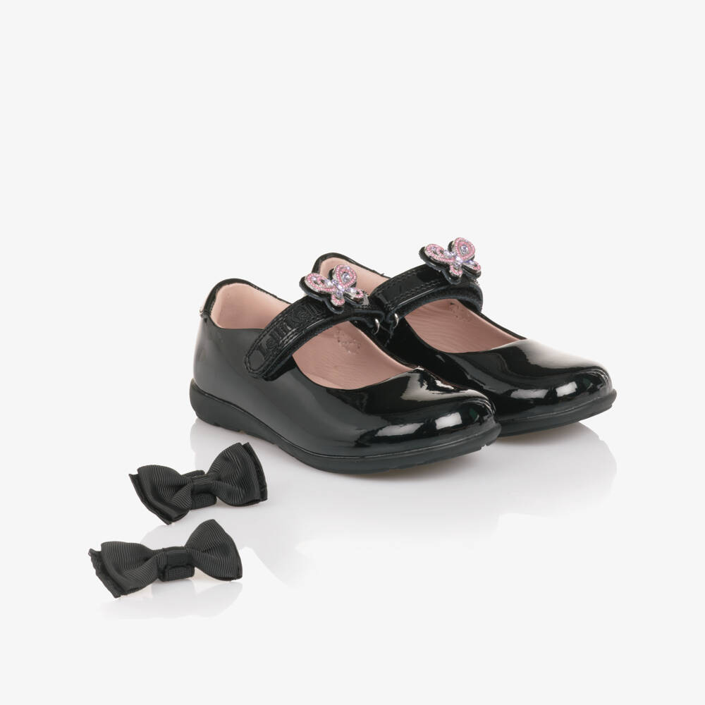 Lelli Kelly-Girls Black Patent Leather Wide Fit Shoes with Diamanté Butterflies | Childrensalon Outlet