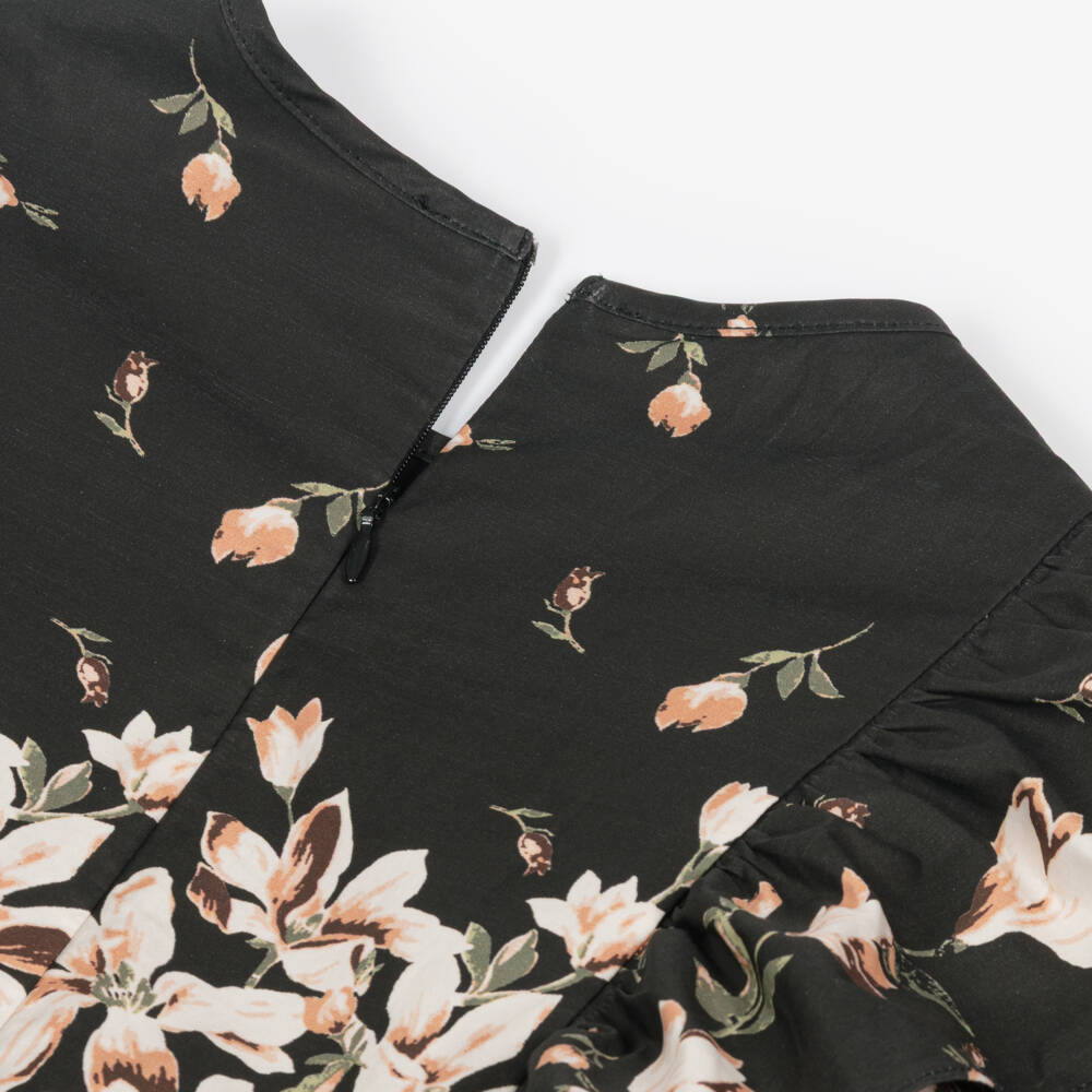 Petite Amalie-فستان بناتي أسود مزين بالزهور من القطن النقي | Childrensalon Outlet