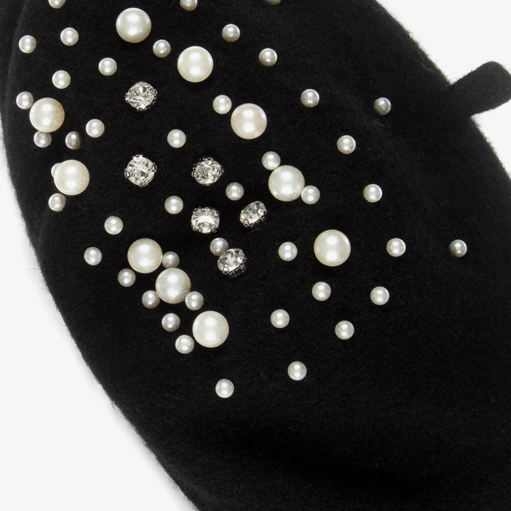 Monnalisa-Girls Black Pearl & Diamanté Beret | Childrensalon Outlet