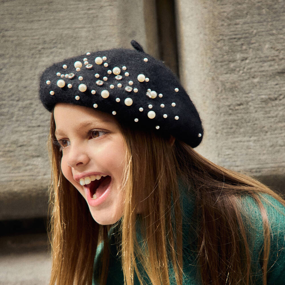 Monnalisa-Girls Black Pearl & Diamanté Beret | Childrensalon Outlet