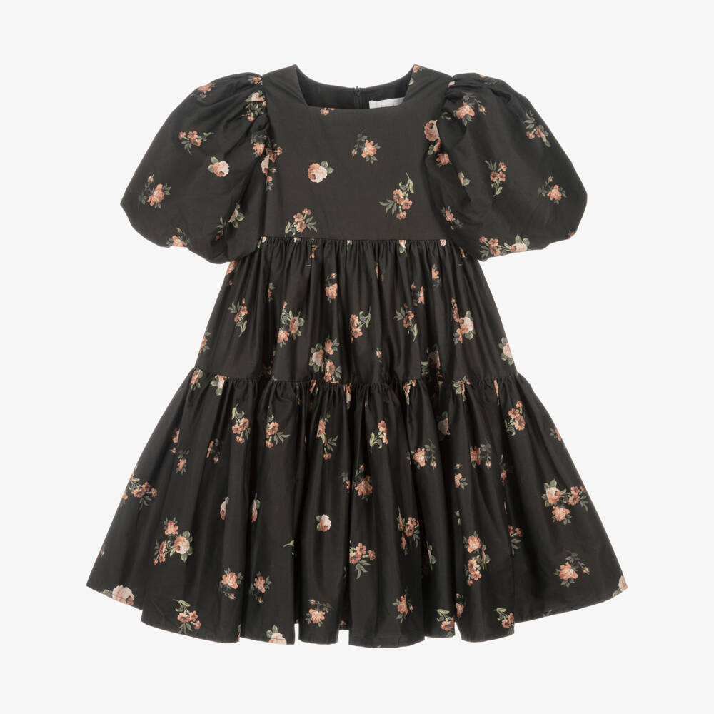 Petite Amalie-Girls Black & Pink Floral Cotton Dress with Puffed Sleeves | Childrensalon Outlet