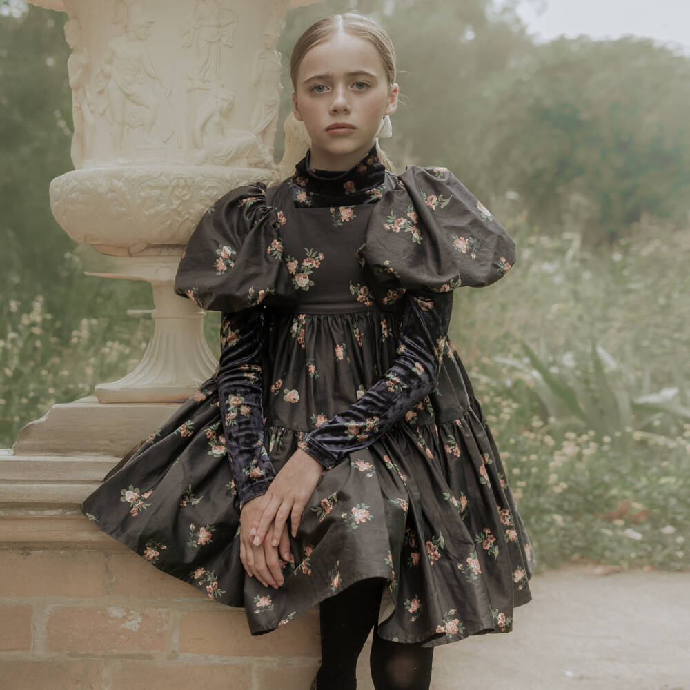 Petite Amalie-فستان قطني أسود مزين بالورود للبنات | Childrensalon Outlet