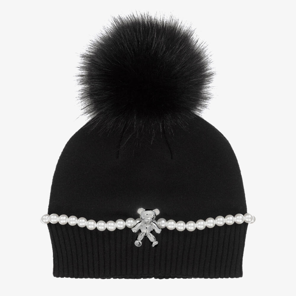 Monnalisa-Girls Black Pom-Pom Hat with Pearl & Teddy Bear | Childrensalon Outlet