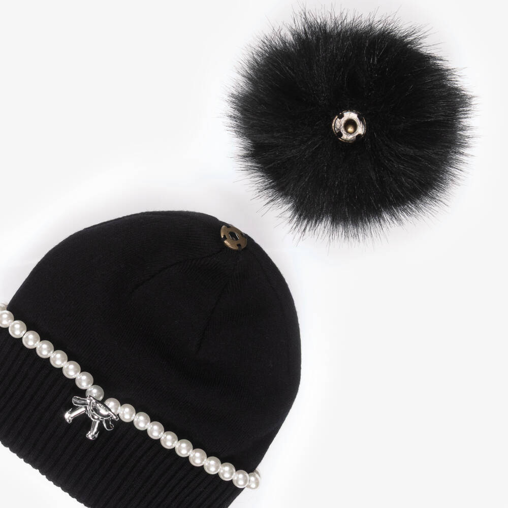 Monnalisa-Girls Black Pom-Pom Hat with Pearl & Teddy Bear | Childrensalon Outlet