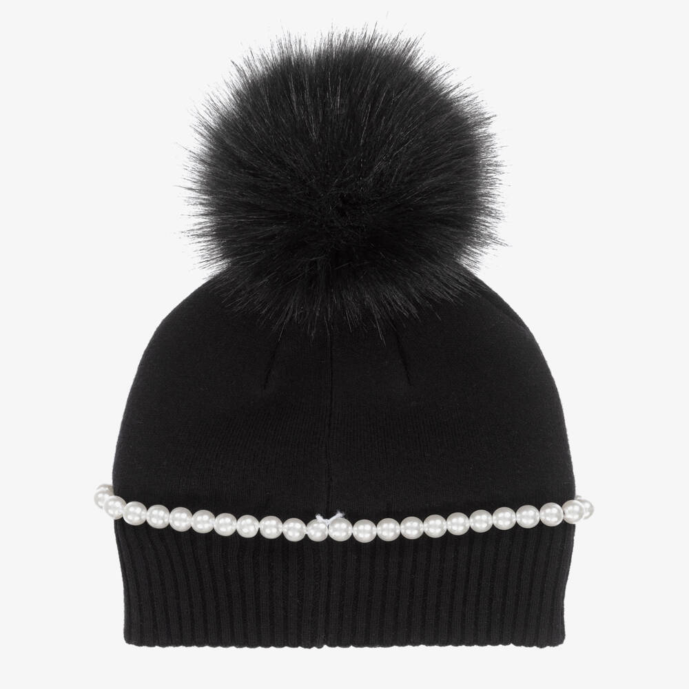 Monnalisa-Girls Black Pom-Pom Hat with Pearl & Teddy Bear | Childrensalon Outlet