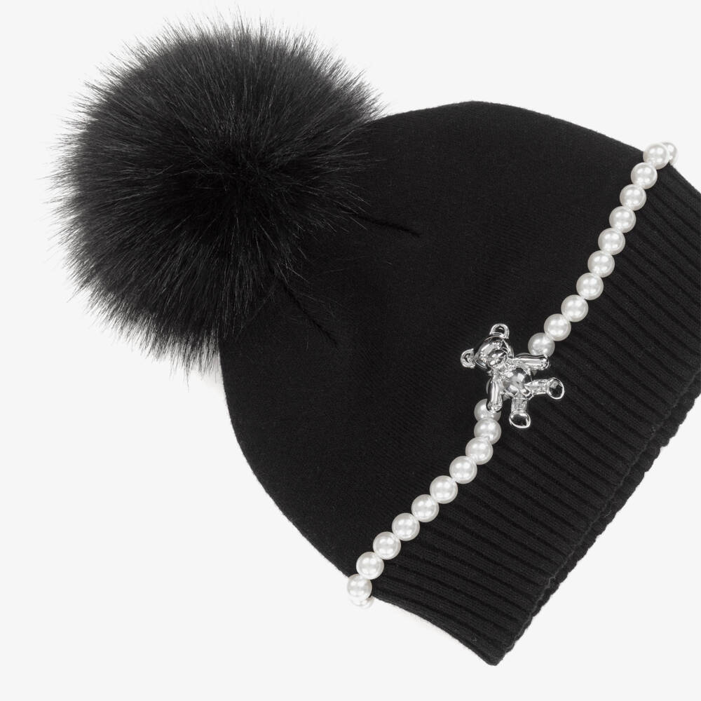 Monnalisa-Girls Black Pom-Pom Hat with Pearl & Teddy Bear | Childrensalon Outlet