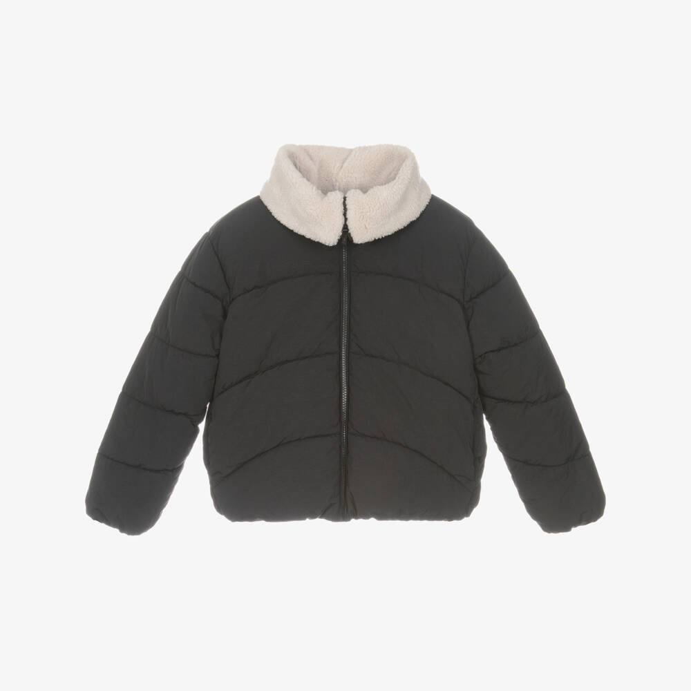Mayoral-Girls Black Puffer Jacket with Faux Sheepskin Collar | Childrensalon Outlet