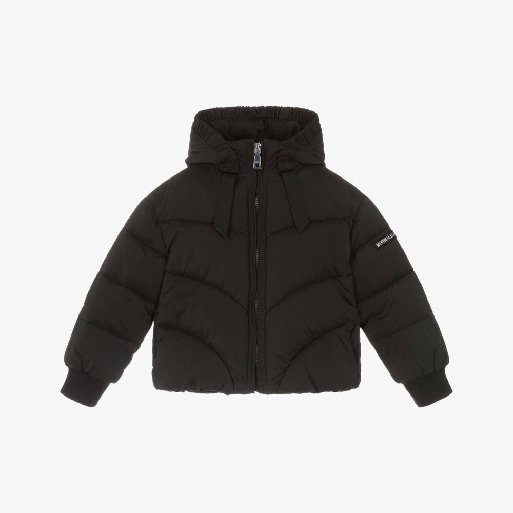 Monnalisa-Girls Black Puffer Jacket with Silver Logo | Childrensalon Outlet