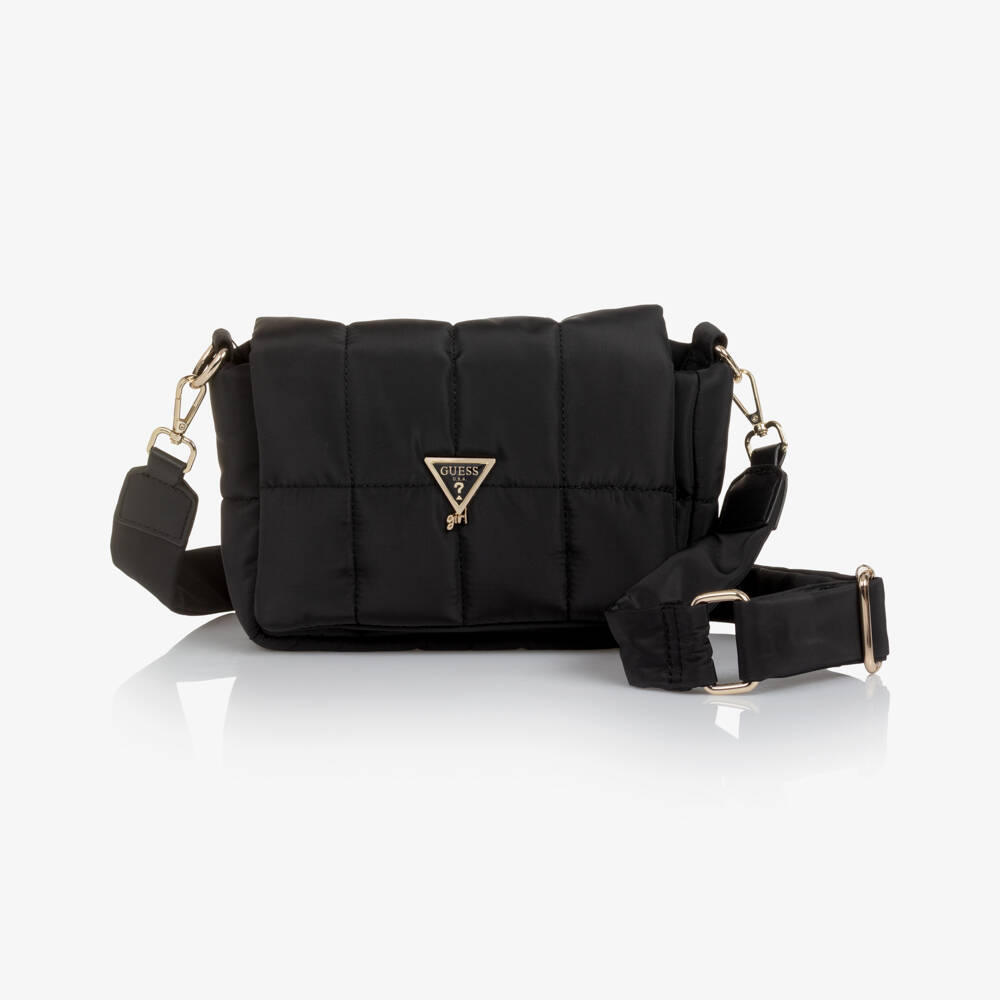 Guess-Girls Black Quilted Shoulder Bag with Triangle Logo (25cm) | Childrensalon Outlet