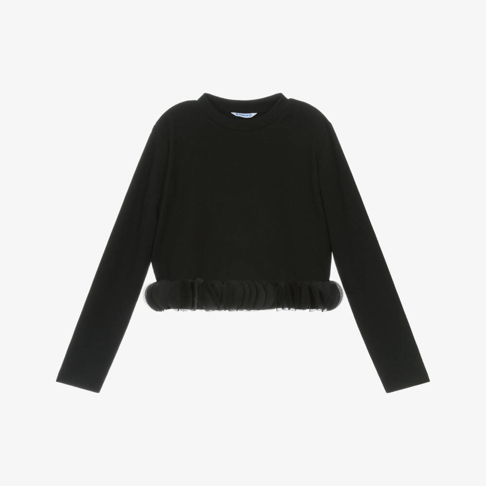 Mayoral-Girls Black Ribbed Jersey Top with Fancy Petal Trim | Childrensalon Outlet