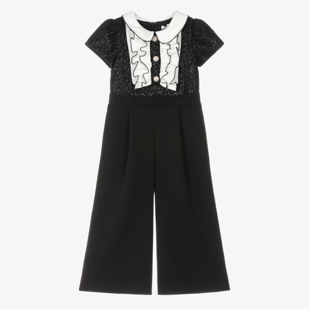 Patachou-Girls Black Ruffle Jumpsuit with Pearl Buttons | Childrensalon Outlet