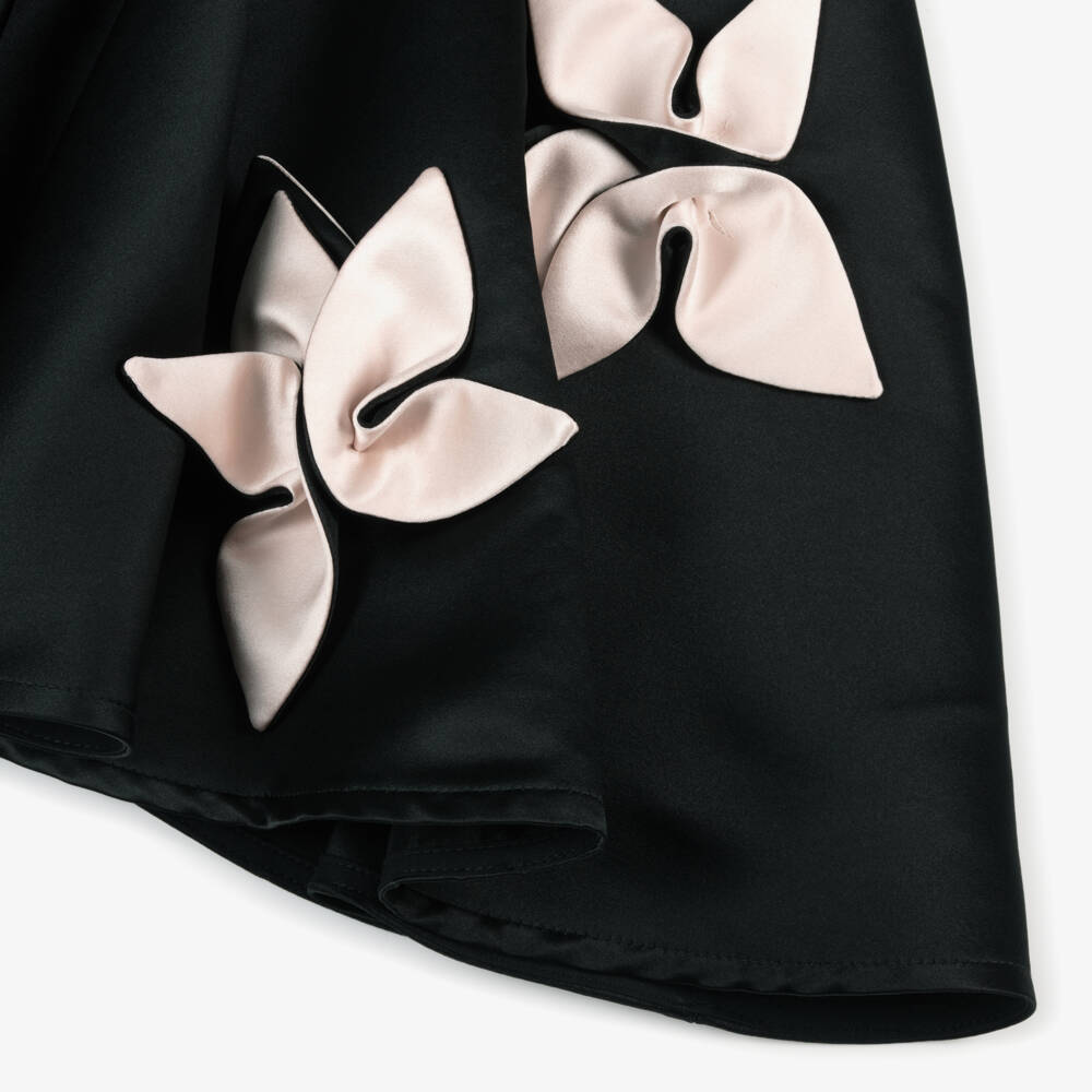 Jessie and James London-Girls Black Satin Dress with Pink Floral Appliqués | Childrensalon Outlet