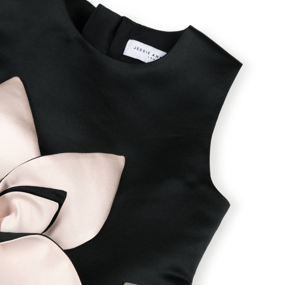 Jessie and James London-Girls Black Satin Dress with Pink Floral Appliqués | Childrensalon Outlet