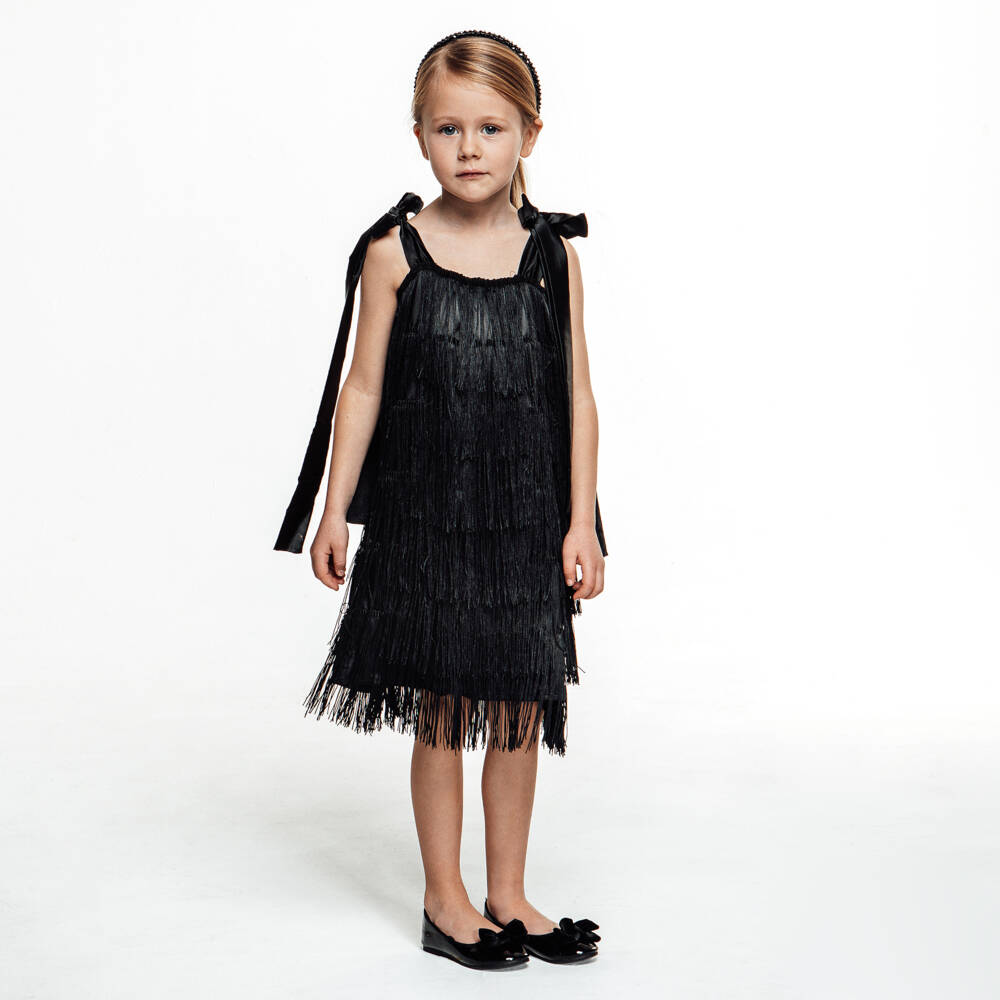 The Tiny Universe-Girls Black Satin Fringed Dress | Childrensalon Outlet