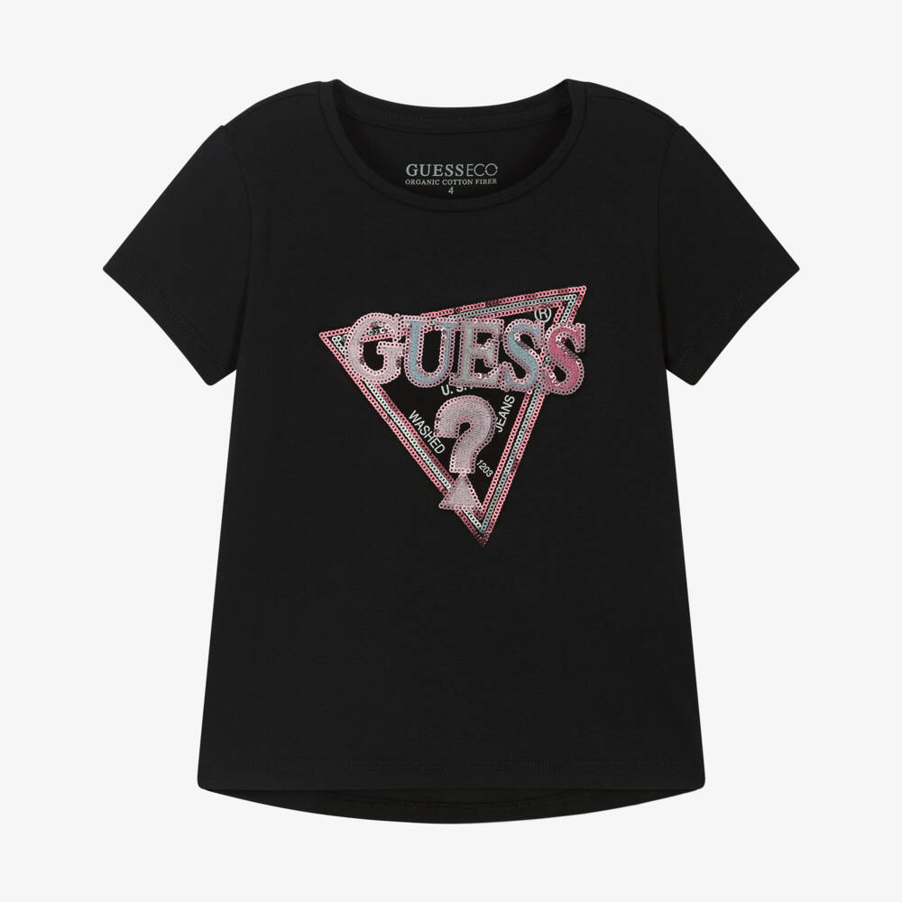 Guess-Girls Black Sequinned Logo T-Shirt | Childrensalon Outlet