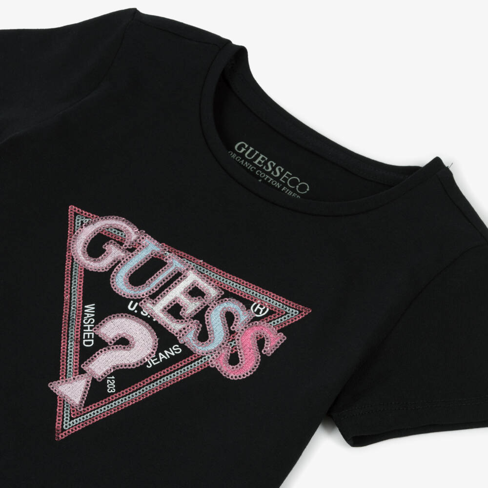 Guess-Girls Black Sequinned Logo T-Shirt | Childrensalon Outlet