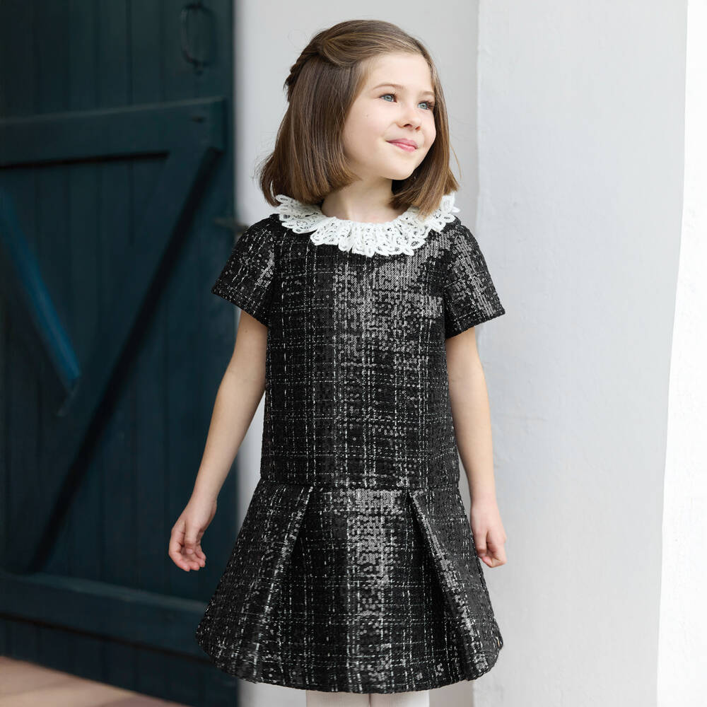 Tartine et Chocolat-فستان تويد أسود مزين بالترتر للبنات | Childrensalon Outlet