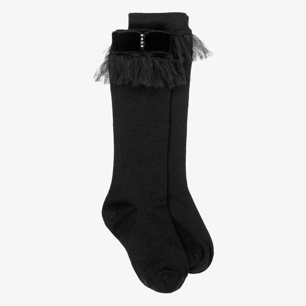Piccola Speranza-Girls Black Socks with Diamanté Velvet Bows & Tulle Trims | Childrensalon Outlet