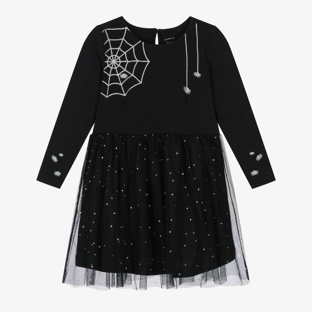 NAME IT-Girls Black Spiderweb Cotton Jersey & Tulle Dress | Childrensalon Outlet