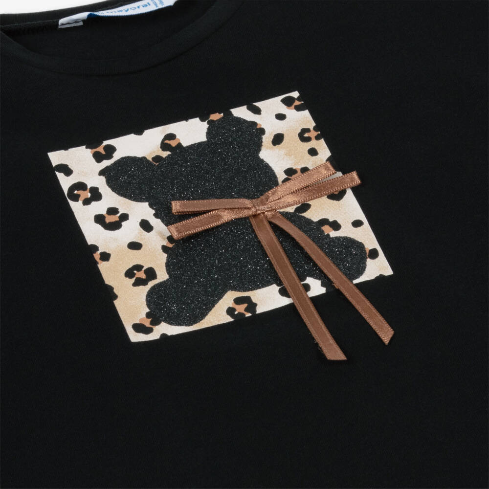 Mayoral-Girls Black Teddy Bear Print Cotton Top | Childrensalon Outlet