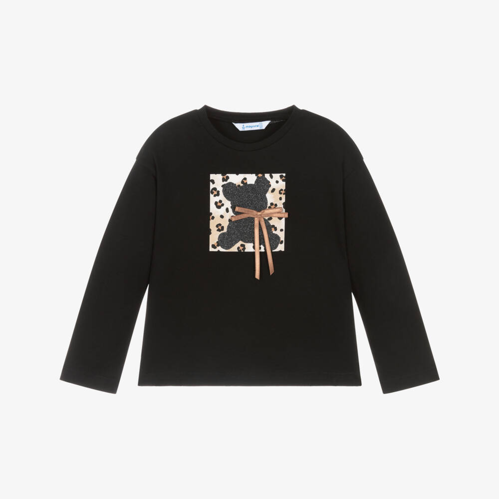Mayoral-Girls Black Teddy Bear Print Cotton Top | Childrensalon Outlet