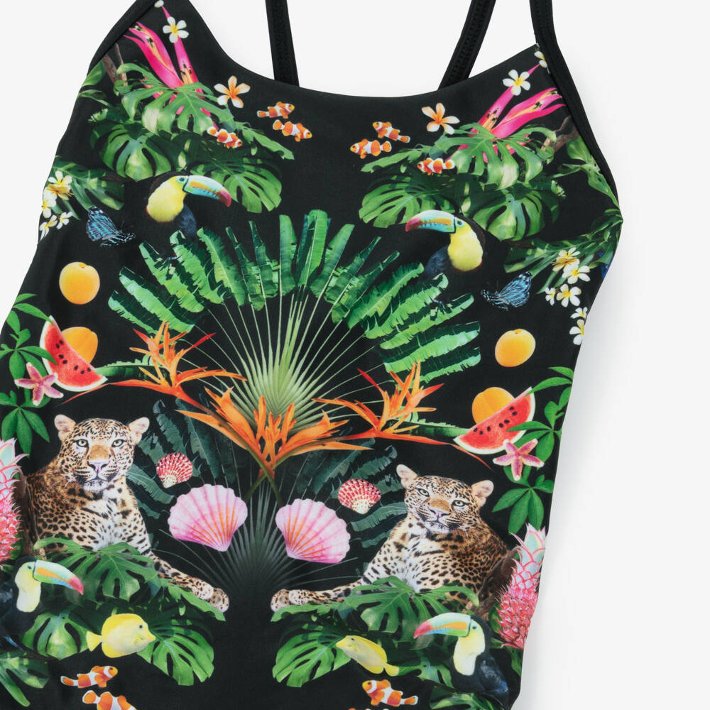 Molo-Girls Black Tropical Leopard Swimsuit (UPF50+) | Childrensalon Outlet