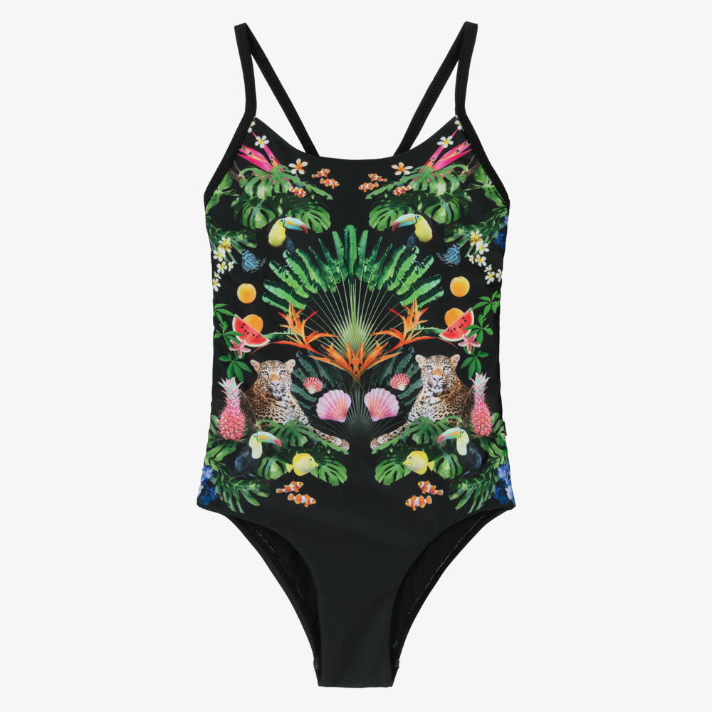 Molo-Girls Black Tropical Leopard Swimsuit (UPF50+) | Childrensalon Outlet