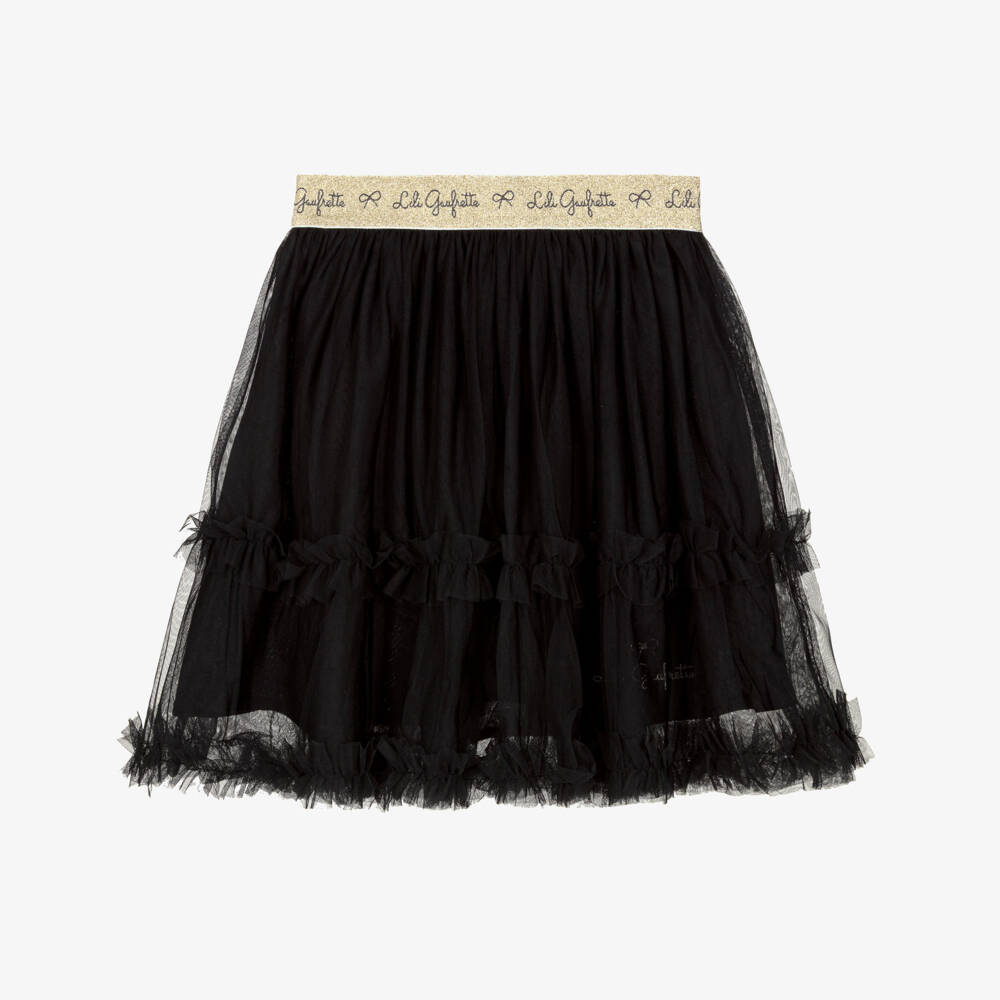 Lili Gaufrette-Girls Black Tulle Frill Skirt with Gold Logo Waistband | Childrensalon Outlet