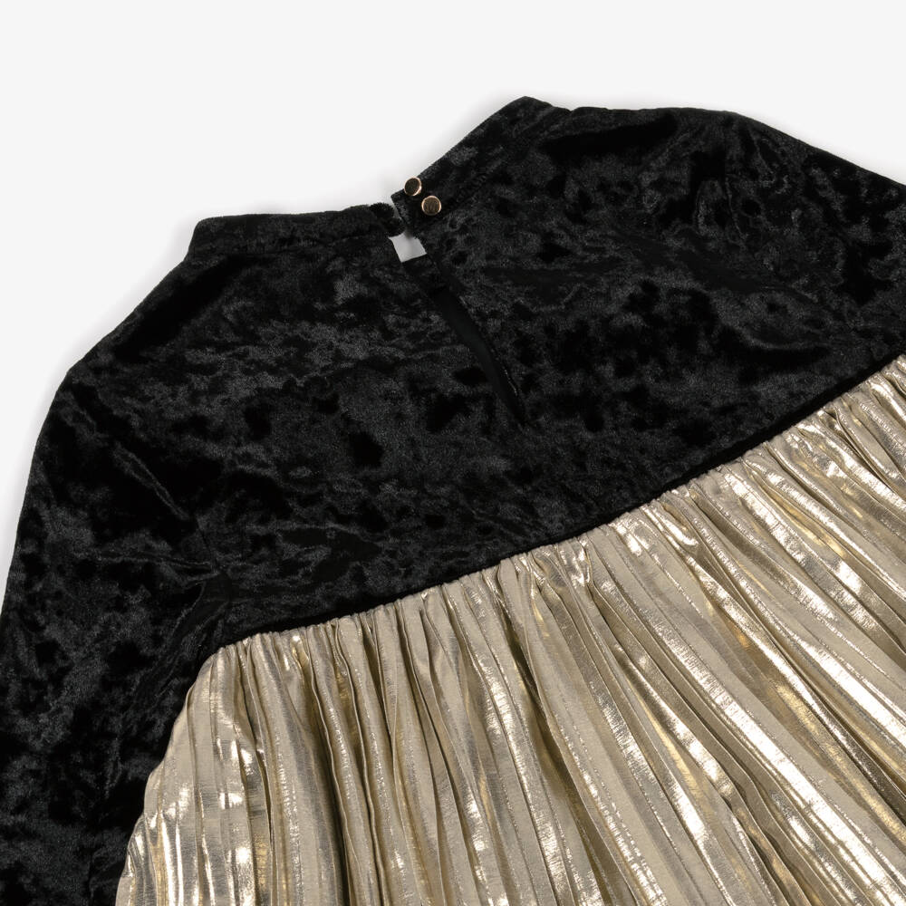 BCBGMAXAZRIA-Girls Black Velour & Gold Lamé Pleated Dress with Satin Bow | Childrensalon Outlet
