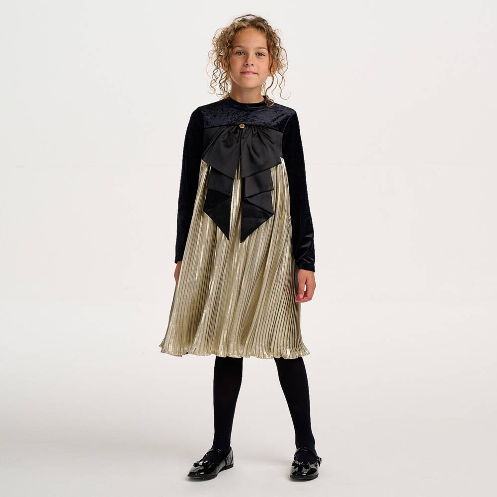 BCBGMAXAZRIA-Girls Black Velour & Gold Lamé Pleated Dress with Satin Bow | Childrensalon Outlet