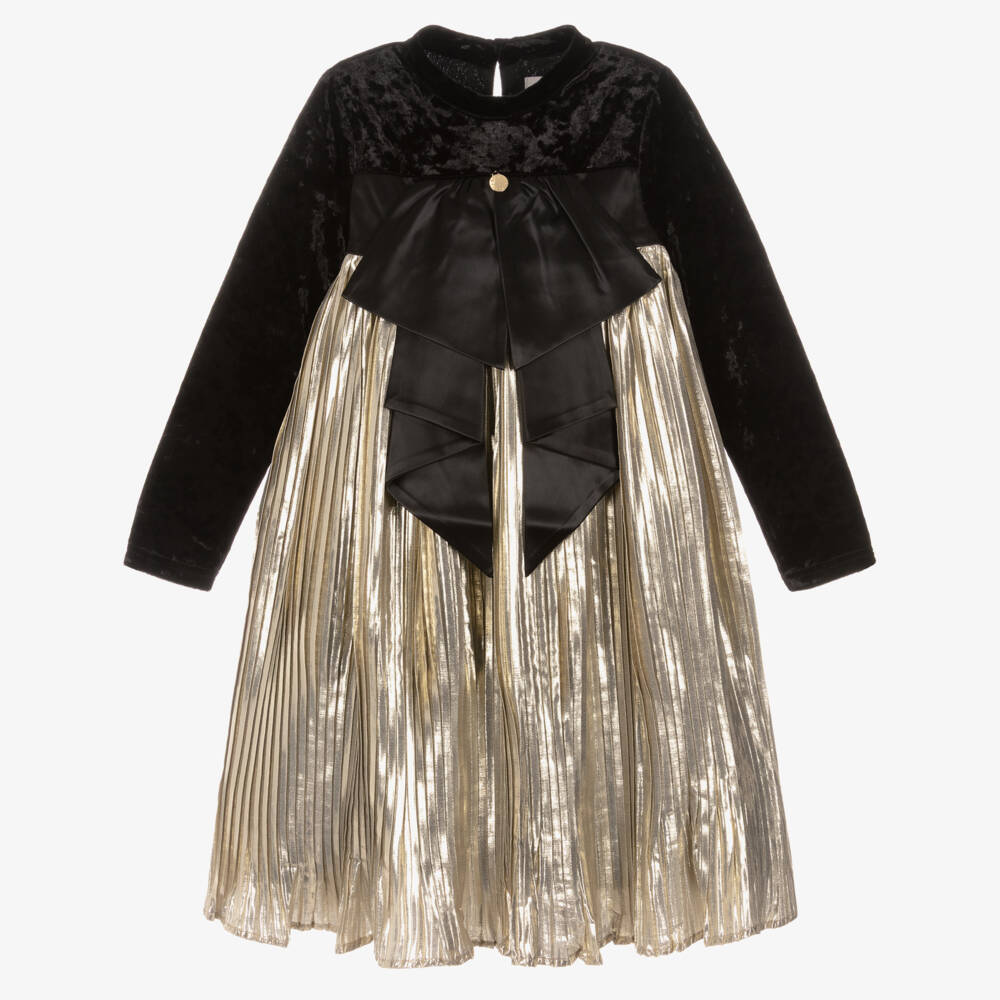 BCBGMAXAZRIA-Girls Black Velour & Gold Lamé Pleated Dress with Satin Bow | Childrensalon Outlet