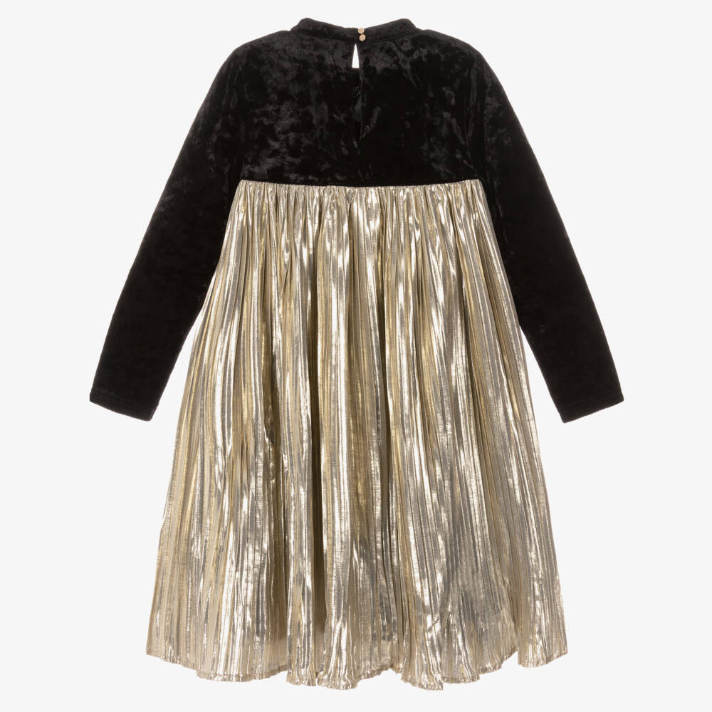 BCBGMAXAZRIA-Girls Black Velour & Gold Lamé Pleated Dress with Satin Bow | Childrensalon Outlet