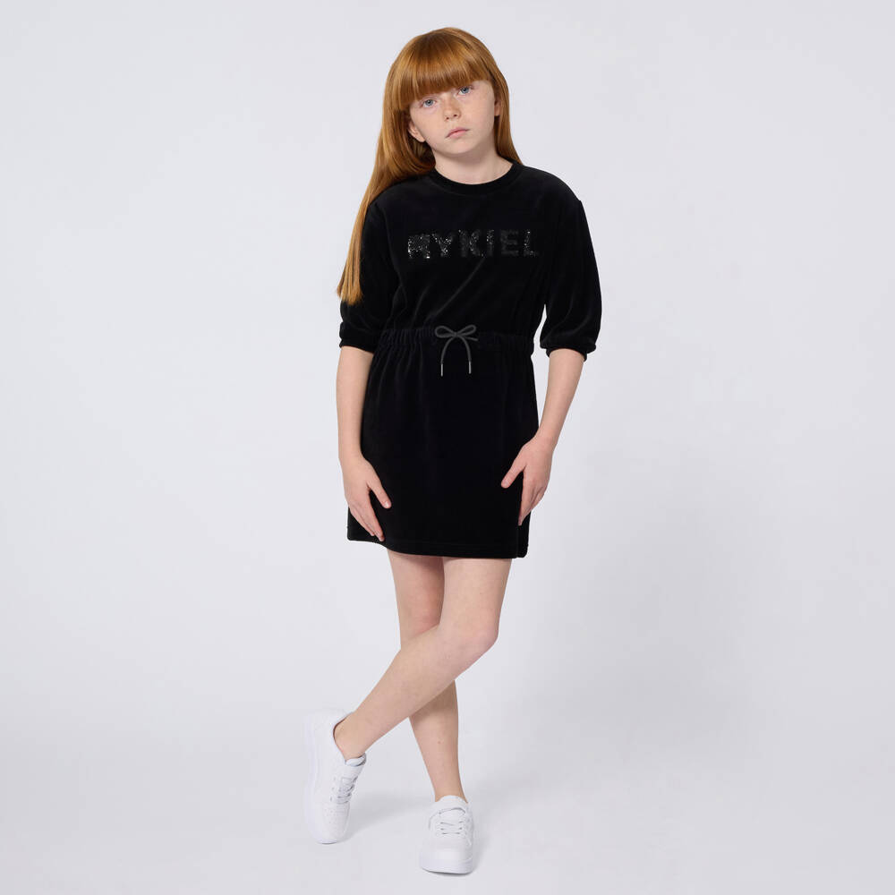 Sonia Rykiel Paris-فستان مخملي أسود للبنات بشعار | Childrensalon Outlet