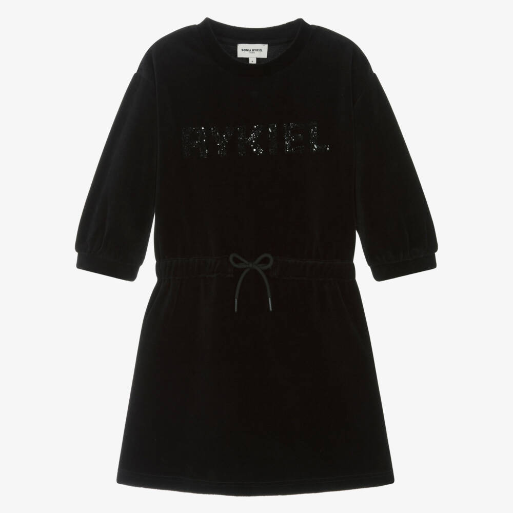 Sonia Rykiel Paris-فستان مخملي أسود للبنات بشعار | Childrensalon Outlet