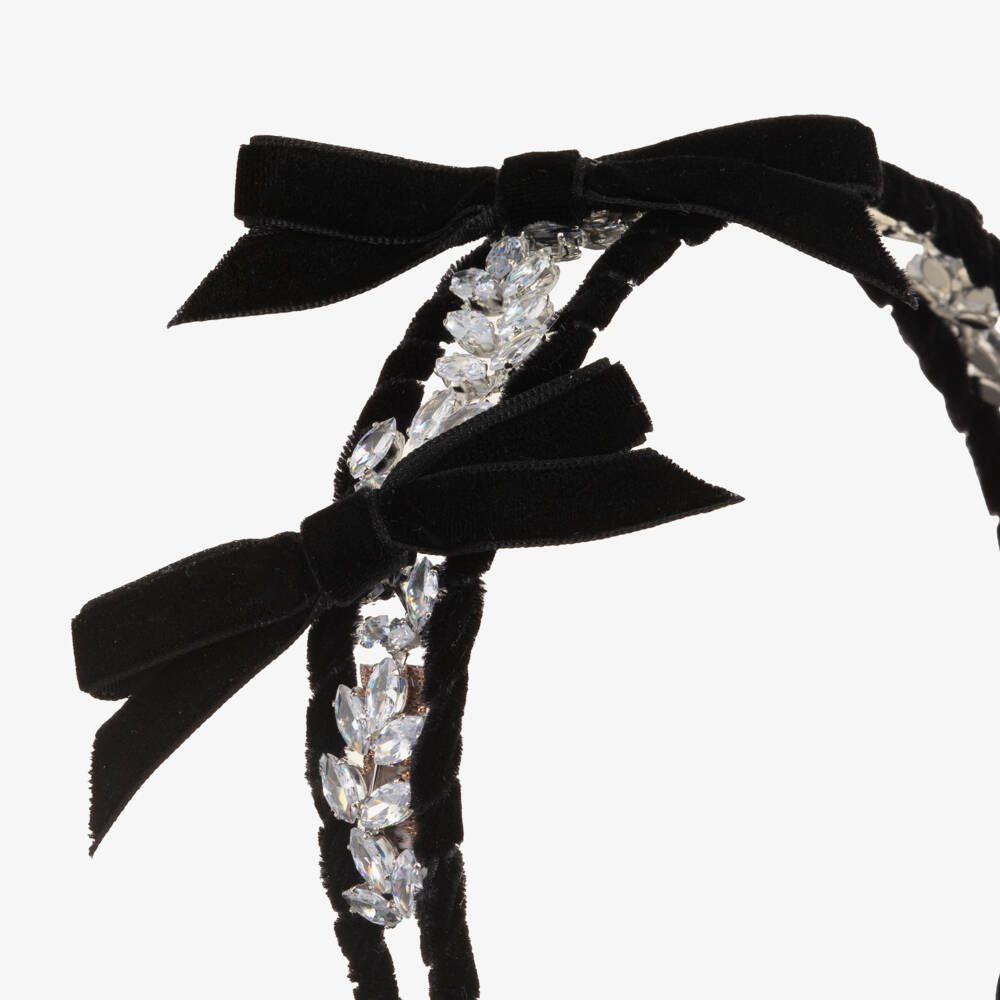Monnalisa-Girls Black Velvet Bow & Silver Leaf Hairband | Childrensalon Outlet