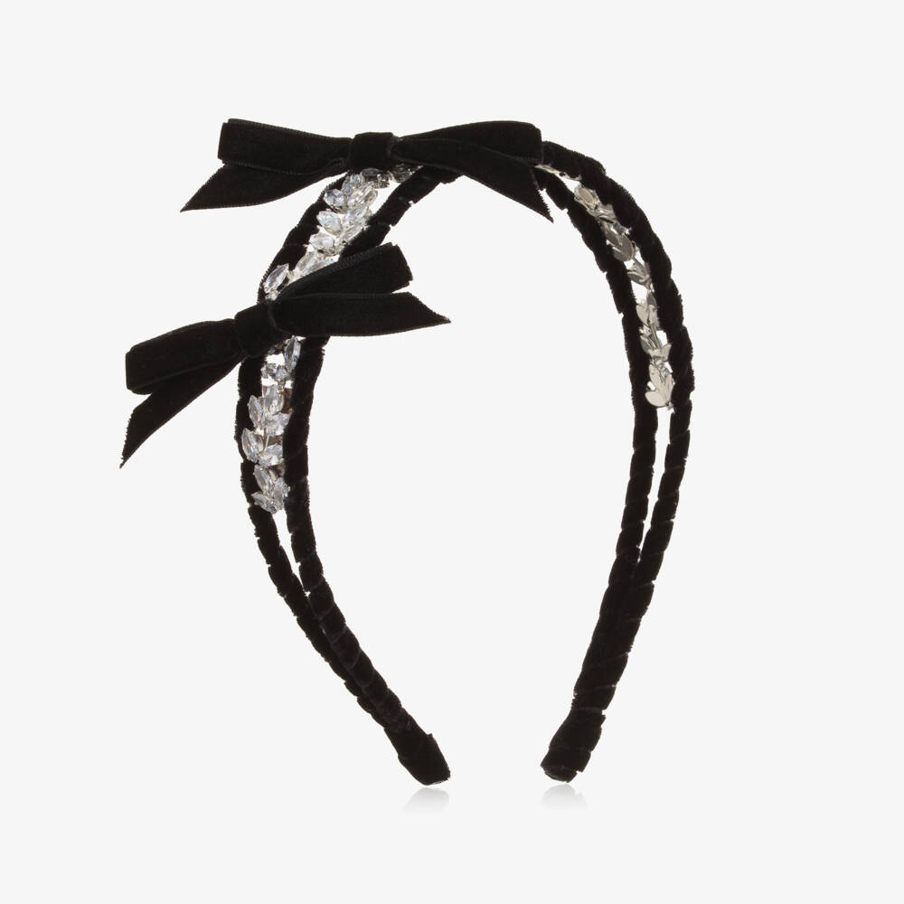 Monnalisa-Girls Black Velvet Bow & Silver Leaf Hairband | Childrensalon Outlet